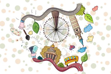 Londra sokaklarının manzarası. Sanat ve mimarlık, İngiltere Krallığının sembolleri. El çizimi vektör çizimi Londra şehri. Yatay poster