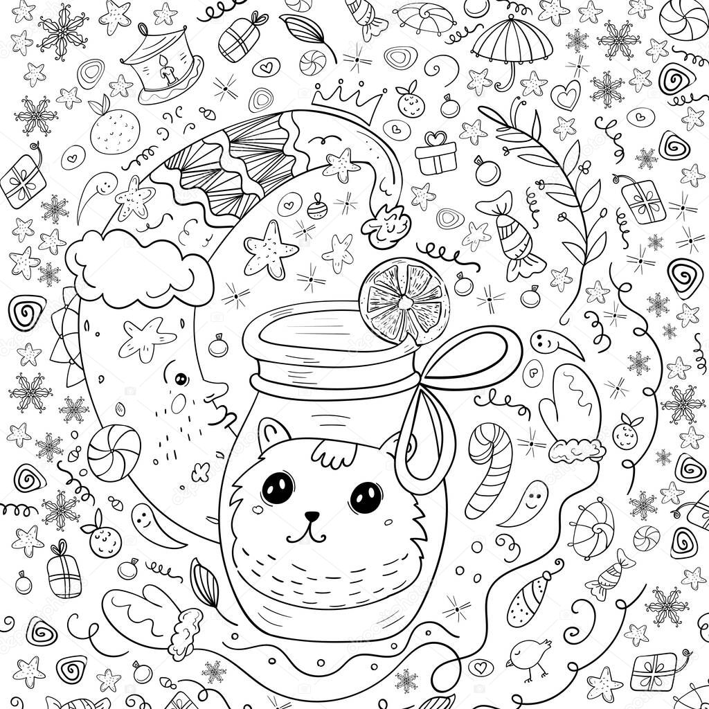 Christmas Fairy Tale, Half moon, Coloring Merry Christmas Cozy. Page or Book, Vector Black and white Kawaii Style and Doodle art