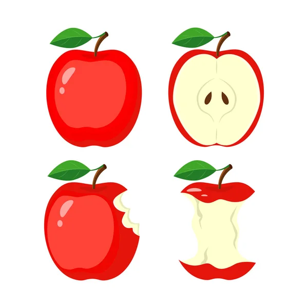 Ganzer roter Apfel, halbe Apfelscheibe, angebissener Apfel, Stumpf. Vektor il — Stockvektor