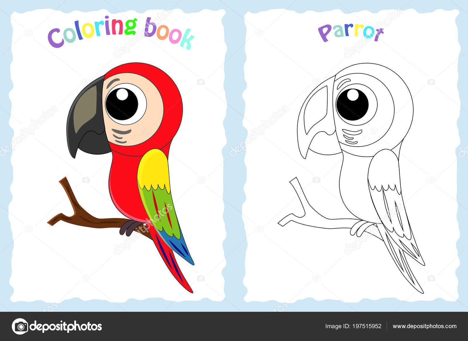 Página para colorear libro para niños con loro colorido y sketc vector