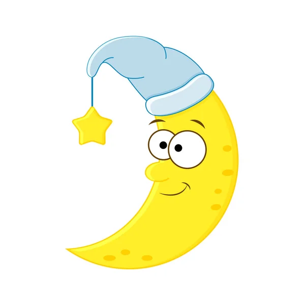 Linda luna de dibujos animados en el sombrero con estrella. Ilustración vectorial isol — Vector de stock