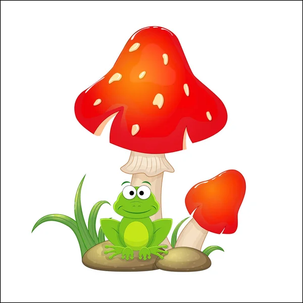 Cogumelos vermelhos dos desenhos animados com grama e pedras e sapos sentados un — Vetor de Stock