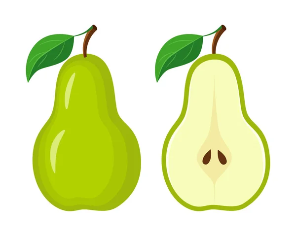 Hela gröna päron och halv päron slice vektor illustration isolatet — Stock vektor