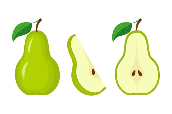 Whole green pear, half pear and  slice vector illustration isola — Stock Vector