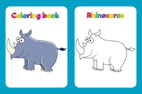 Kleurplaat boekenpagina voor kinderen met kleurrijke neushoorn en — Stockvector
