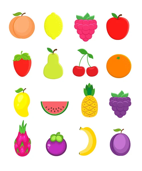 Set de diferentes frutas en estilo plano. Durazno, limón, mango, wate — Vector de stock