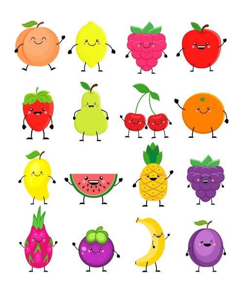 Komik karikatür farklı meyve kümesi. Gülümseyen şeftali, limon, mango, karpuz, kiraz, elma, ananas, ahududu, çilek, portakal, dragon meyve mangosteen muz Erik vektör illustrati
