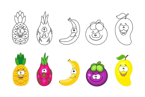 Set di frutta del cartone animato. Disegni da colorare per bambini. Ananas, dra — Vettoriale Stock