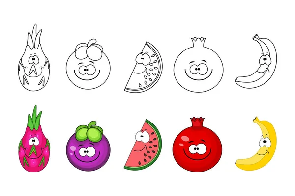 Set di frutta del cartone animato. Disegni da colorare per bambini. Frutta del drago , — Vettoriale Stock