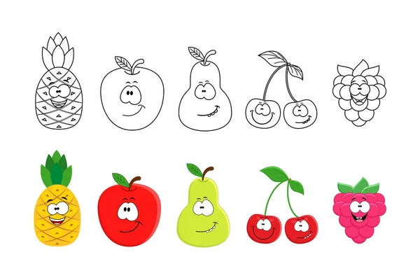 Set de frutas de dibujos animados. Dibujos para colorear para niños. Piña, app — Vector de stock