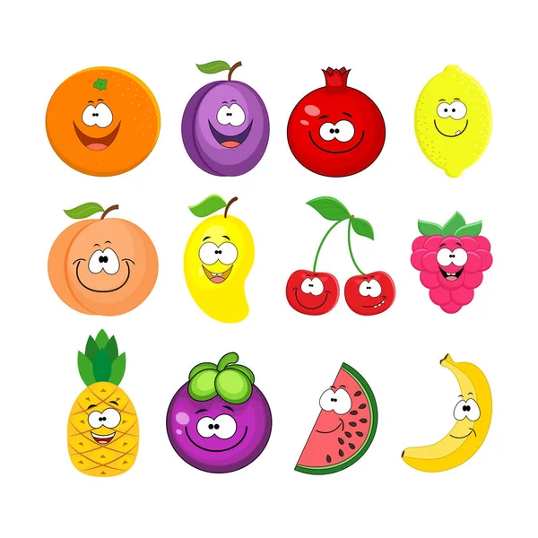 Juego de dibujos animados de diferentes frutas. Melocotón sonriente, limón, watermel — Archivo Imágenes Vectoriales