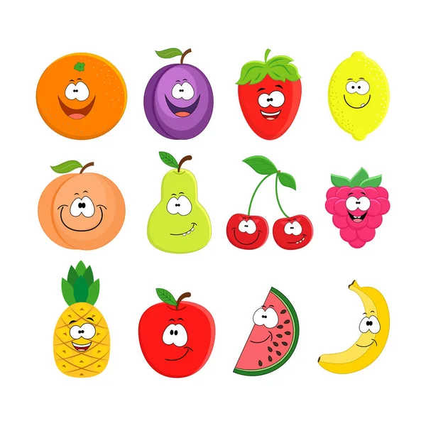 Conjunto de desenhos animados engraçados de frutas diferentes. Pêssego sorridente, limão, wa — Vetor de Stock