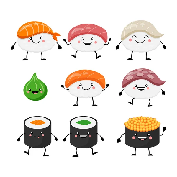 Cute cartoon sushi set characters. Kawaii sushi. Vector illustration isolated on white background.