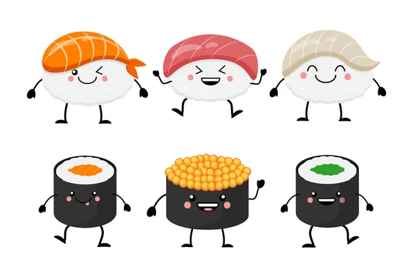 Sevimli çizgi suşi karakterleri ayarlayın. Kawaii suşi. Vektör illustra