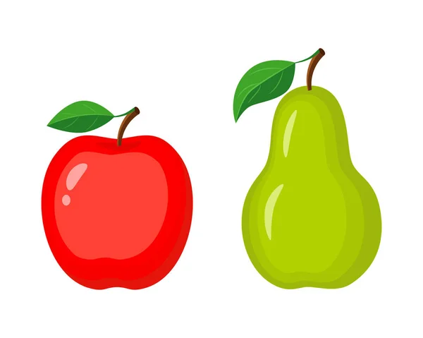 Colorida manzana roja entera y pera verde. Ilustración vectorial iso — Vector de stock