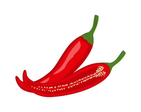 Vetor vegetal de pimentas quentes coloridas inteiras e meio vermelhas — Vetor de Stock