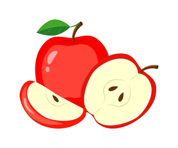 Manzanas rojas con hojas verdes, rodajas de manzana y media. Vector i — Vector de stock