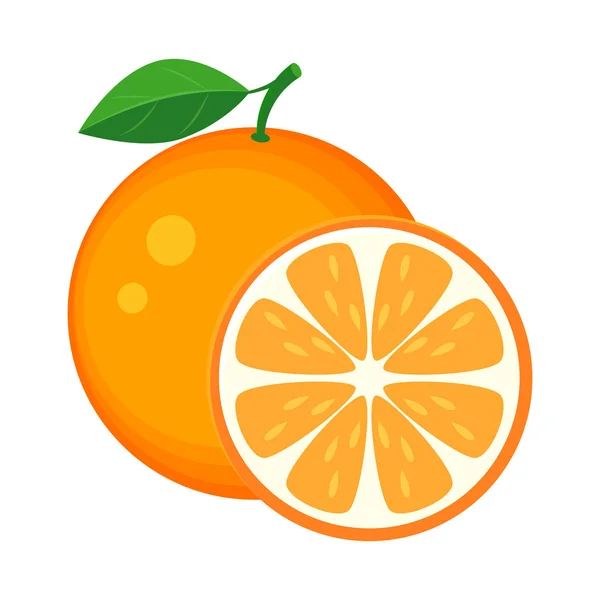 Colorido entero y rebanada de naranja con hoja verde. Vector ilustra — Vector de stock