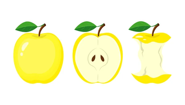 Manzana amarilla entera, media rodaja de manzana, manzana mordida. illus vectorial — Vector de stock