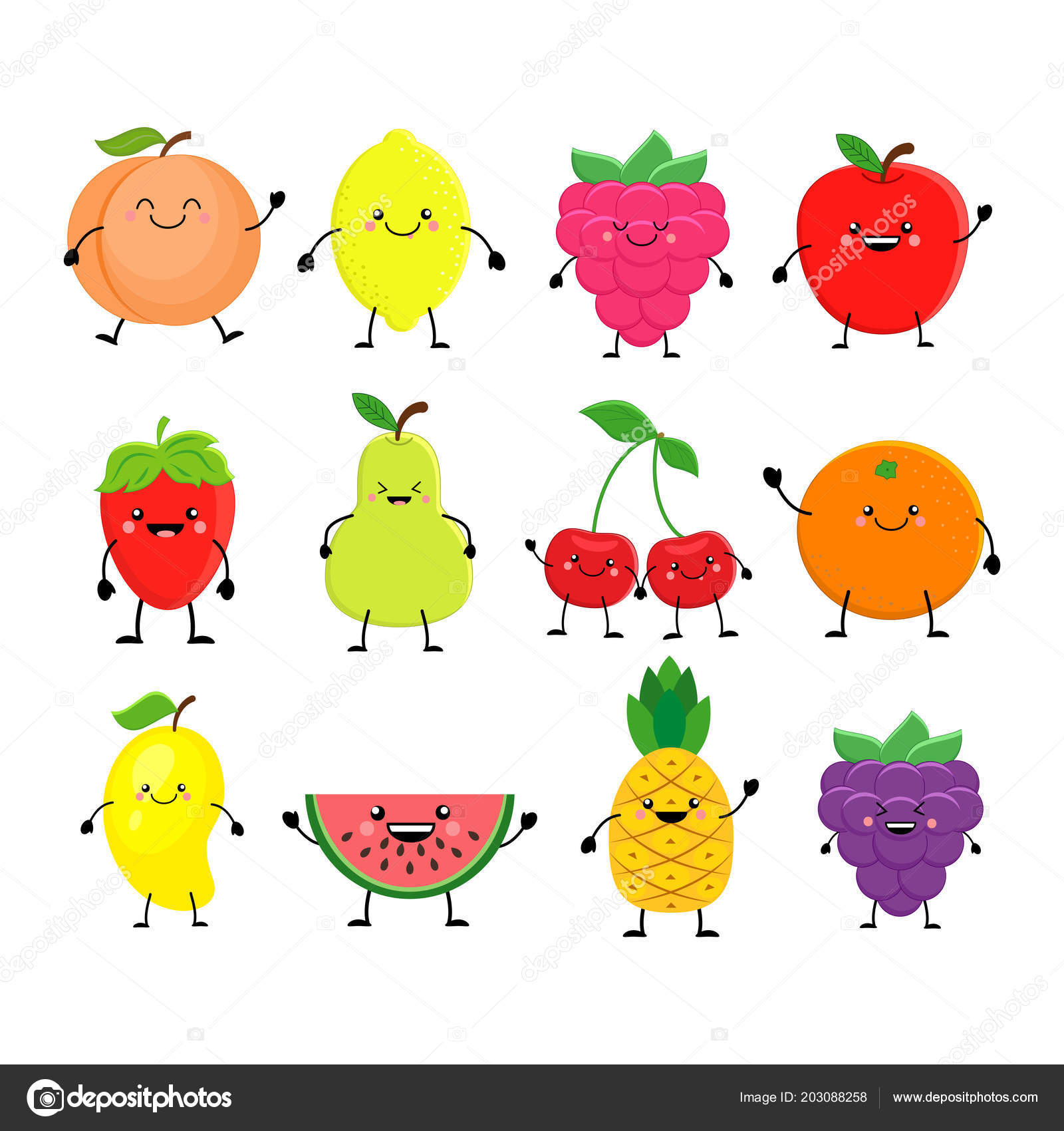 Funny cartoon set of different fruits. Smiling peach, lemon, man Stock  Vector Image by ©BudOlga #203088258