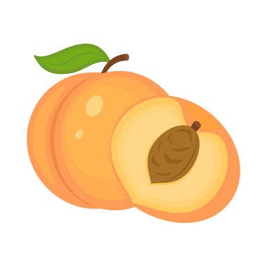 Guicy Şeftali meyve whith yeşil yaprak ve yarım şeftali illust vektör