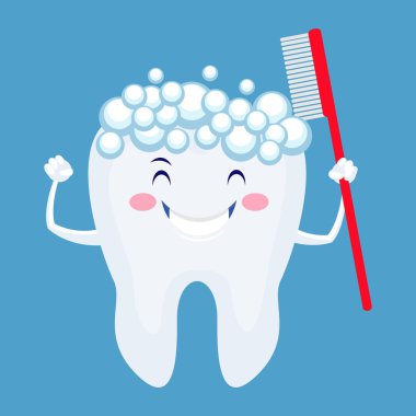 Sevimli çizgi diş köpük ve diş fırçası ile. Vektör çizim