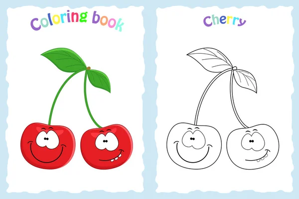 Página para colorear libro para niños con cereza colorida y sketc — Vector de stock