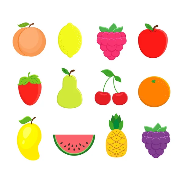 Set aus verschiedenen Früchten im flachen Stil. Pfirsich, Zitrone, Mango, Wasser — Stockvektor