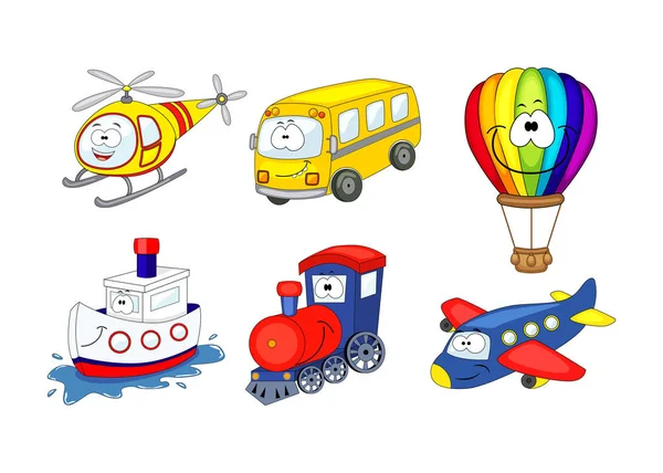 Cartoon transportset. Luchtballon, helikopter, vliegtuig, schip, t — Stockvector