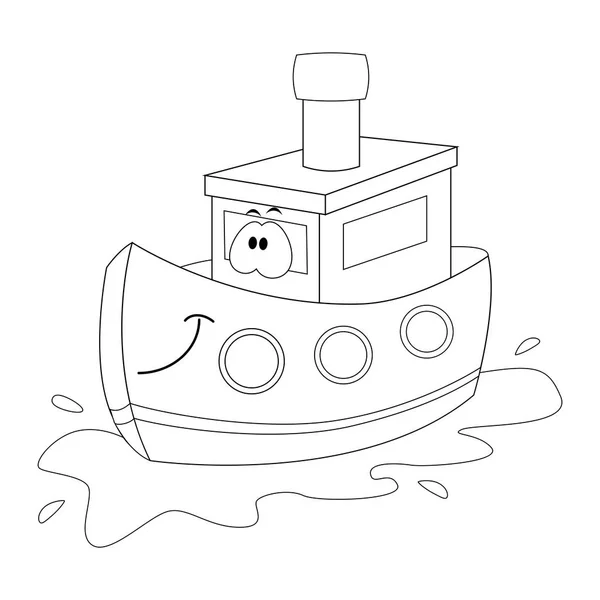 Barco de dibujos animados divertidos incoloros. Ilustración vectorial. Colorear pag — Vector de stock