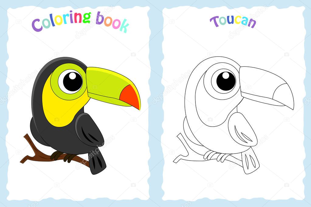 Coloring book page for  children with colorful toucan  and sketc