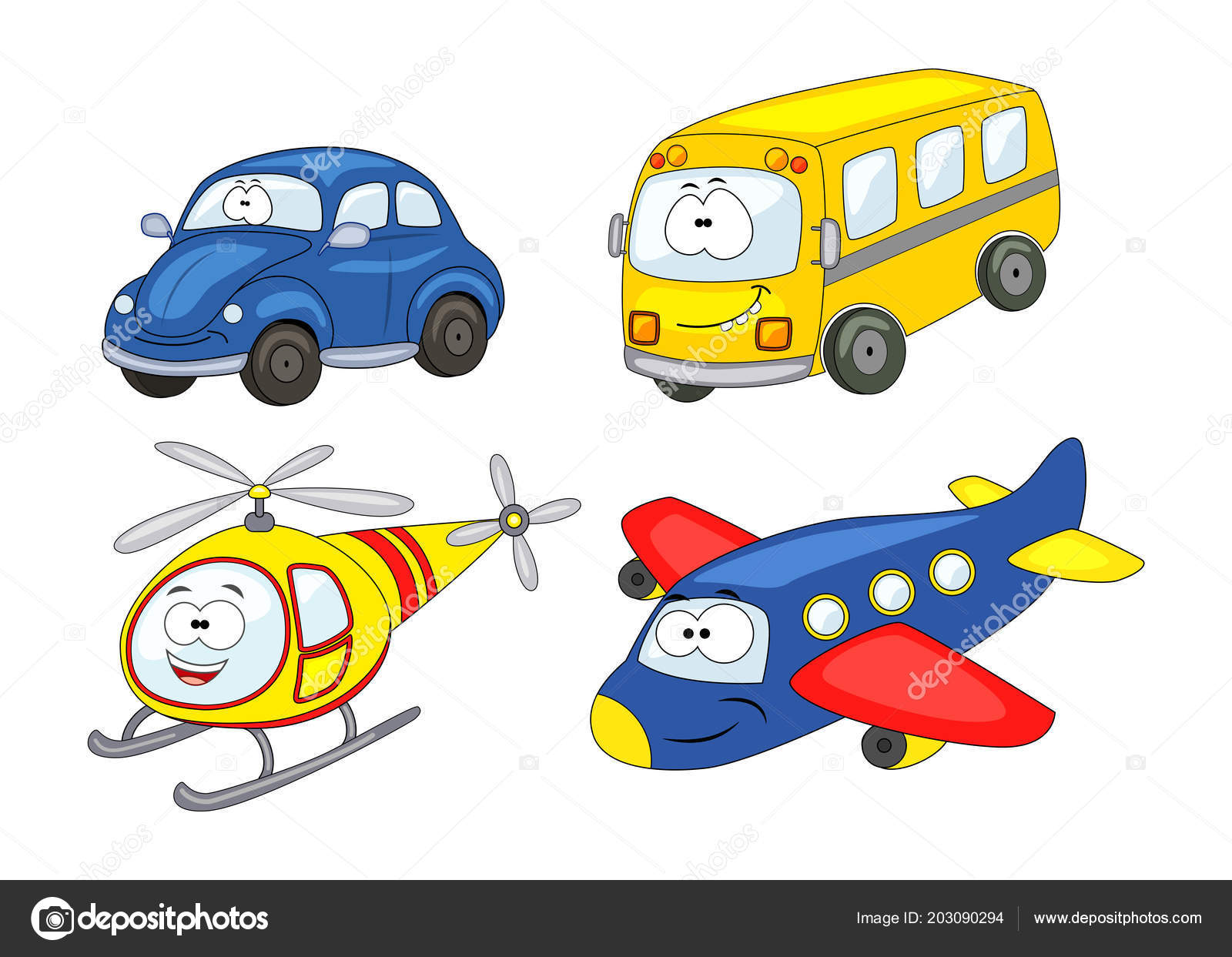 Cartoon Transport Set. Auto, Hubschrauber, Flugzeug, Bus. Vektor il  Stock-Vektorgrafik von ©BudOlga 203090294