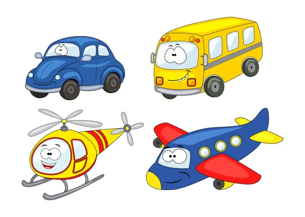 Cartoon transportset. Auto, helikopter, vliegtuig, bus. Vector il — Stockvector