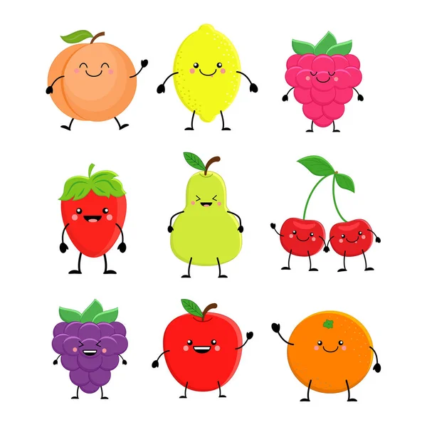 Set of cute cartoon fruit. Lemon, orange, apple pear,raspberry, — Stock Vector