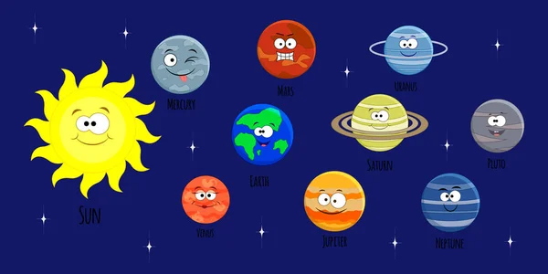 Conjunto vectorial de planetas del sistema solar de dibujos animados. Sistema solar illus — Vector de stock