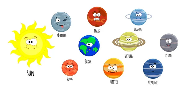 Conjunto vectorial de planetas del sistema solar de dibujos animados. Sistema solar illus — Vector de stock