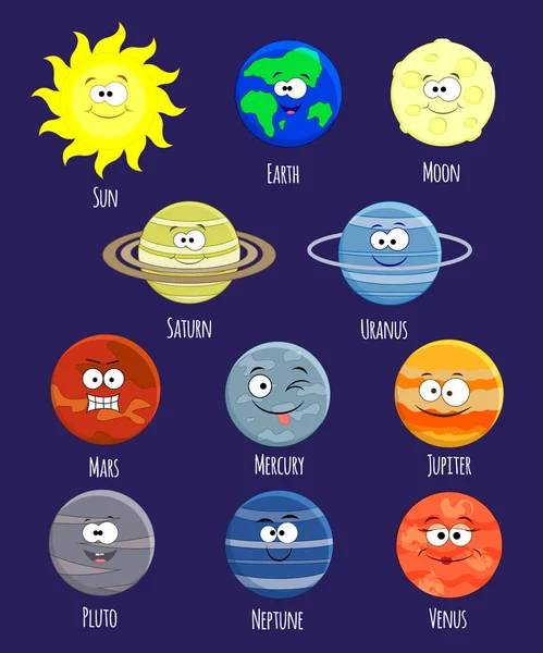 Serie vettoriale di pianeti del sistema solare del fumetto. Sistema solare illus — Vettoriale Stock