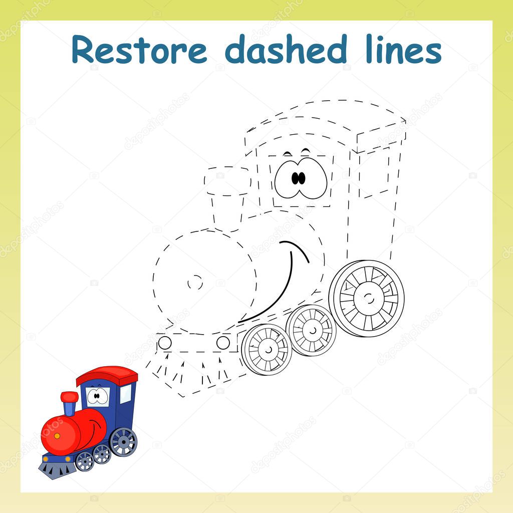Trace game for children. Cartoon train. Restore dashed line and 