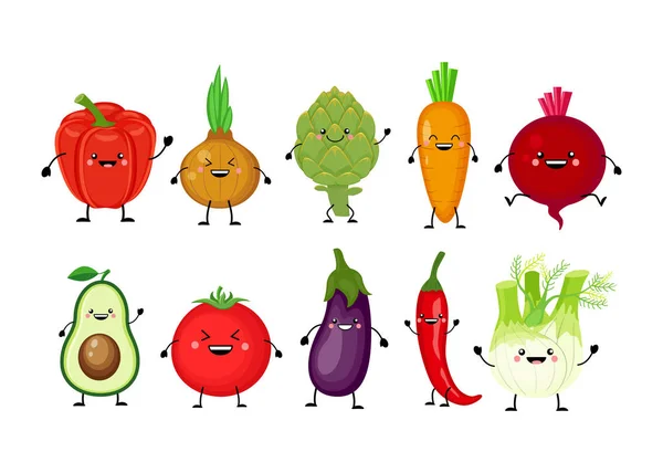 Divertido Juego Dibujos Animados Diferentes Vegetales Kawaii Verduras Remolacha Sonriente — Vector de stock