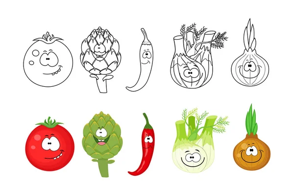 Conjunto de vegetais dos desenhos animados. Colorir páginas de livros para crianças. Tomate, a —  Vetores de Stock