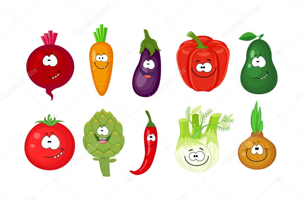 Funny cartoon set of different vegetables. Smiling beetroot, car