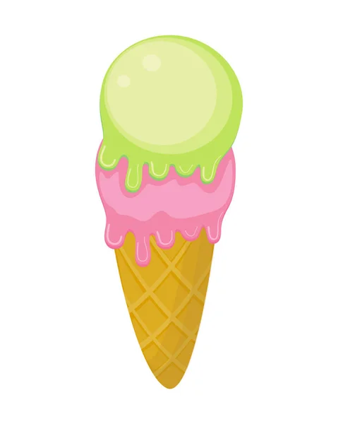 Colorido helado rosa y verde en cono vector ilustración i — Archivo Imágenes Vectoriales
