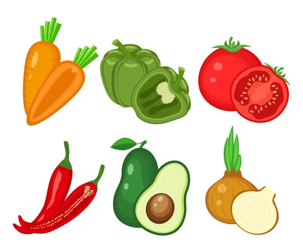 Ensemble de légumes différents .Carotte, poivron, tomate, chili , — Image vectorielle