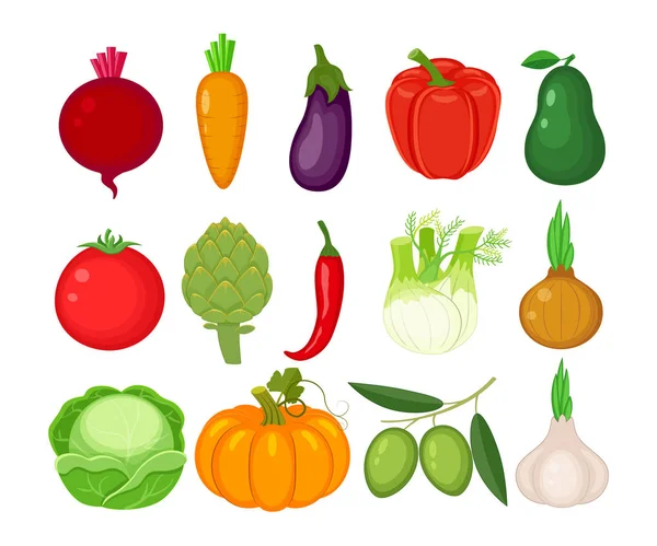 Conjunto de diferentes verduras en estilo plano. Remolacha, zanahoria, huevo — Vector de stock