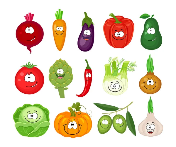 Divertido juego de dibujos animados de diferentes verduras. Remolacha sonriente, coche — Vector de stock