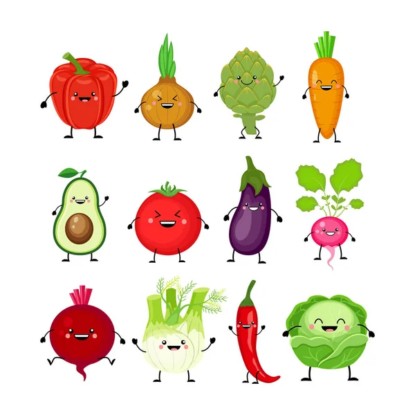 Conjunto de desenhos animados engraçados de vegetais diferentes. Legumes Kawaii. S —  Vetores de Stock