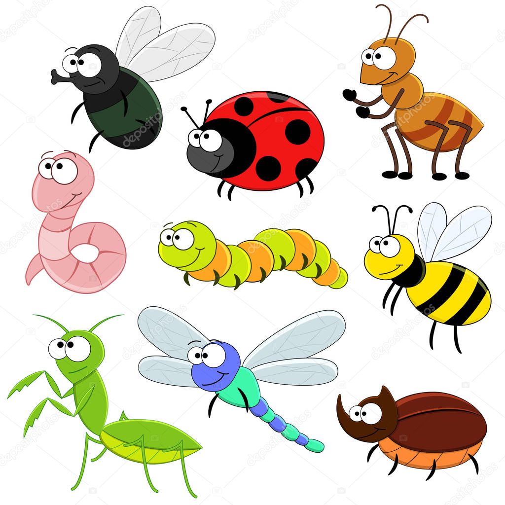 PrintSet of cartoon funny insects.
