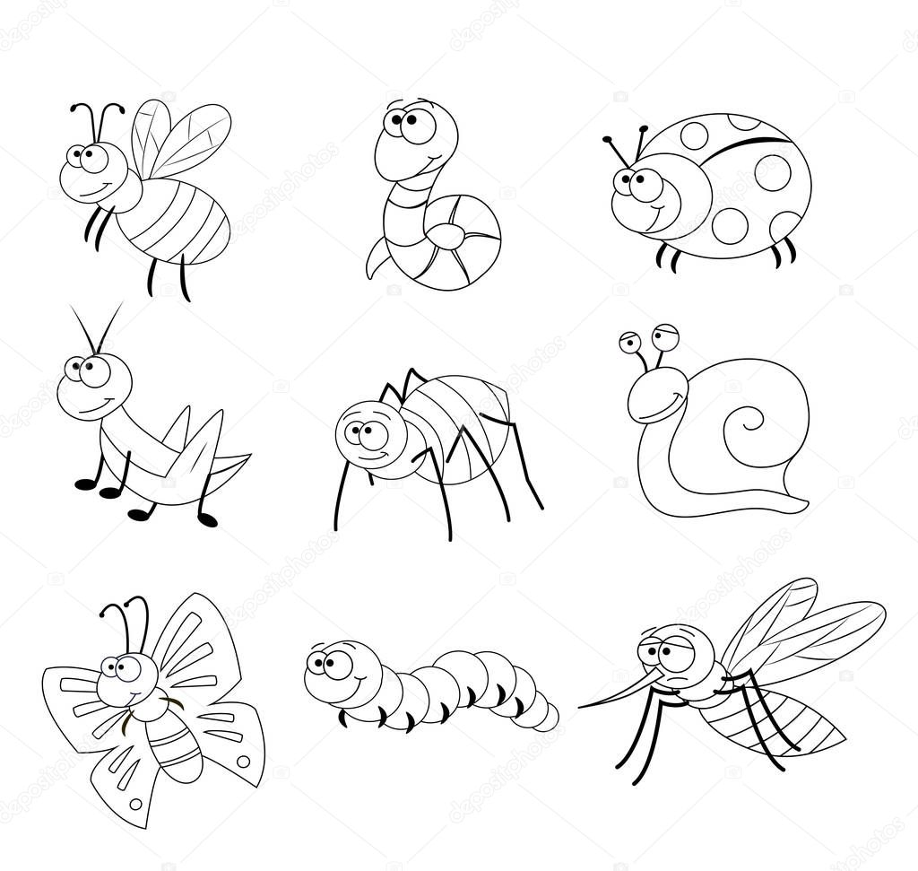 Coloring Page For Preschool Children Set Of Different Cartoon Insects Funny Insects Vector Illustration Bee Worm Ladybug Grasshopper Spider Snail Butterfly Caterpillar Mosquito Premium Vector In Adobe Illustrator Ai Ai