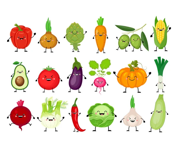 Conjunto de desenhos animados engraçados de vegetais diferentes. Legumes Kawaii. S — Vetor de Stock