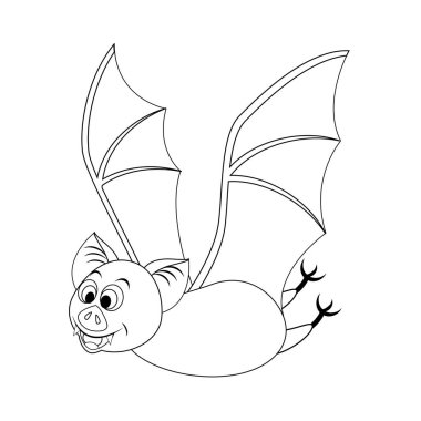 Renksiz komik karikatür Cadılar Bayramı yarasa uçan. Vektör çizim. Boyama sayfası.